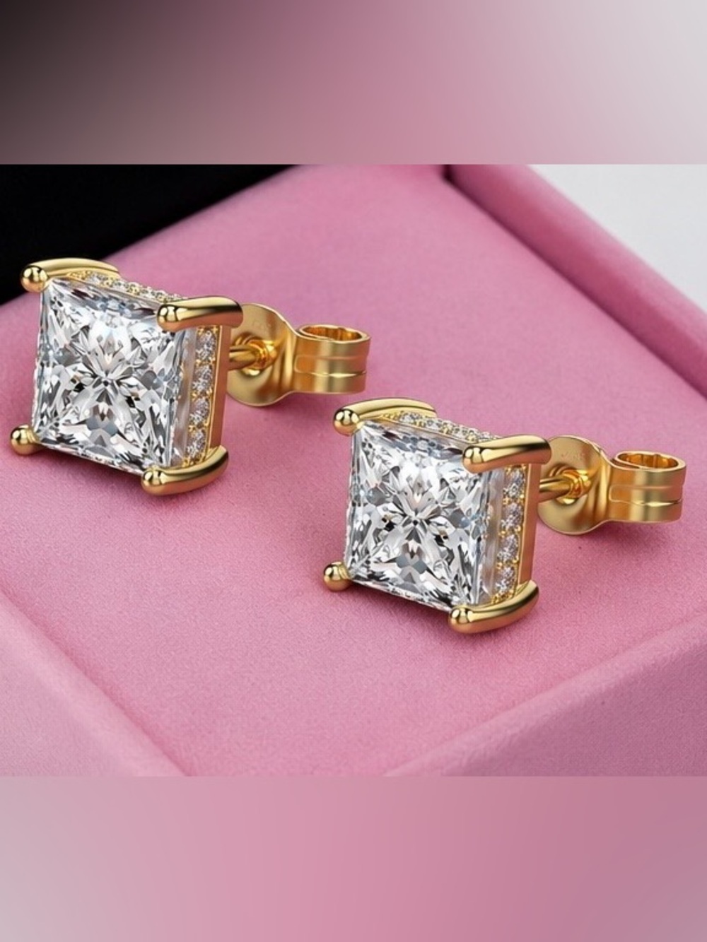 18K Gold Plated Sterling Silver Princess Cut CZ Stud Earrings 5MM 💛
